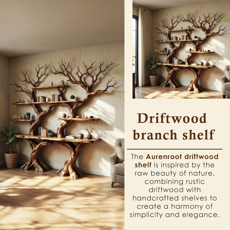 Solid Wood Driftwood Tree Branch Wall Mount Floating Shelf