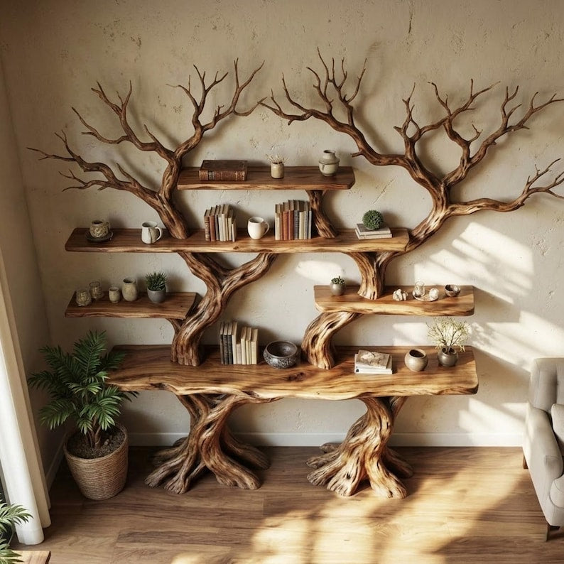 Solid Wood Driftwood Tree Branch Wall Mount Floating Shelf